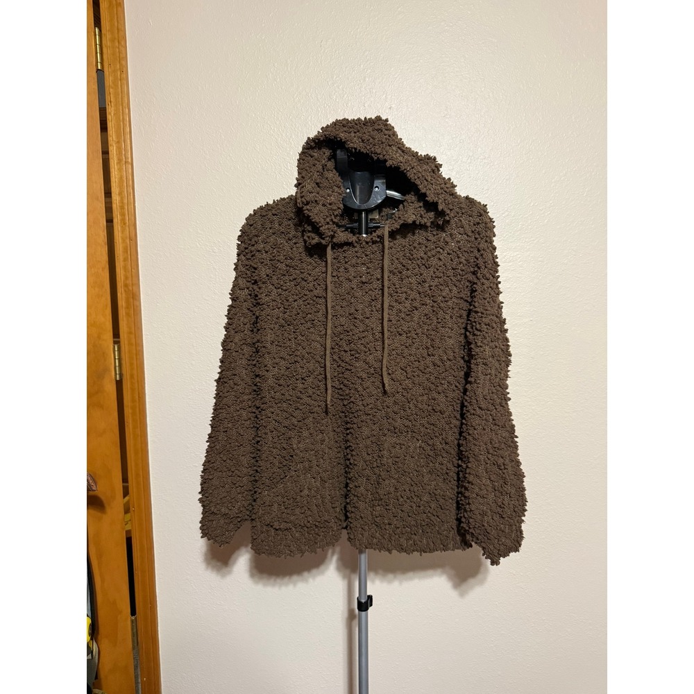 Umgee USA Brown Popcorn Knit Hoodie Womens Medium Sherpa Pullover G1746 Boho
